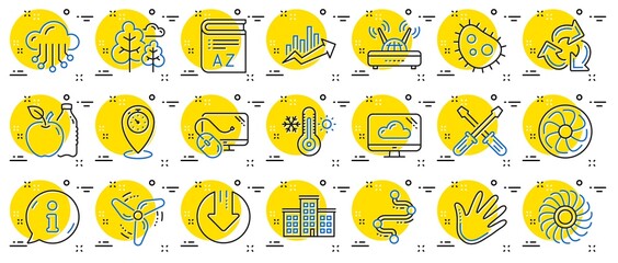 Company building, Vocabulary, Profits timeline line icons. Turbine, Wind, Thermostat icons. Tree, Bacteria, Healthy food. Company chart, wind turbine. Cloud services, Timeline, Download. Vector