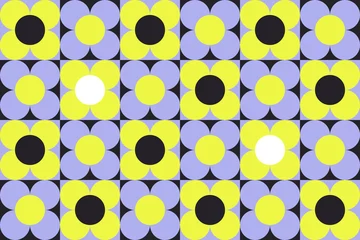 Foto auf Acrylglas Abstraktes geometrisches nahtloses Muster. Einfache Formen, Vektorillustration. Kreise, Quadrate und Blumen © Evgeniya Khudyakova