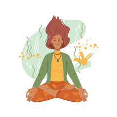 Yoga, meditation, woman meditating in lotus pose isolated flat cartoon character. Vector peaceful girl in nirvana, hairs up, meditation, relax and recreation, healthy lifestyle. Relaxation exercise