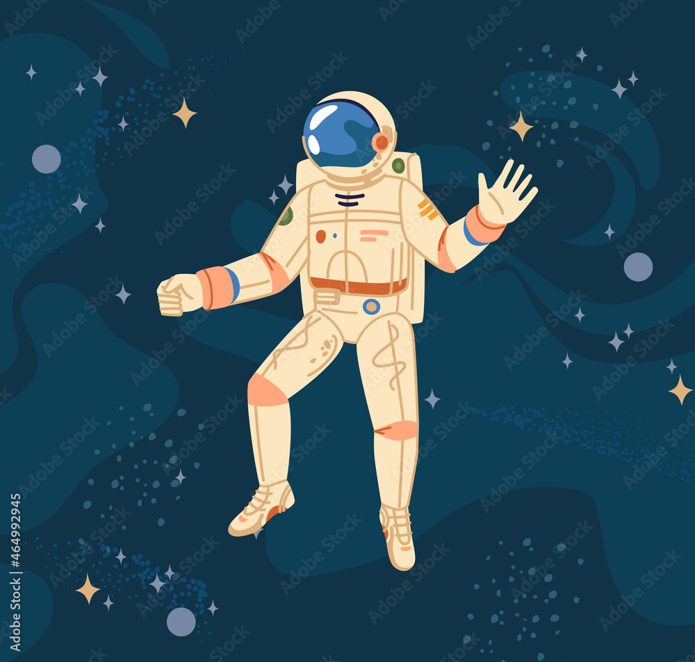 Aufkleber Astronaut in outer space cosmos, galaxy objects on flat cartoon background. Vector man in helmet and cosmic suit, scientist astronomy explorer in protective wear, spaceman investigate solar system