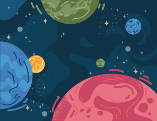 Futuristic solar system planets flat cartoon background. Vector outer space giant globes. Cosmos exploration object, celestial body cosmic sphere Jupiter Mars, Venus, Mercury. Interstellar alien world