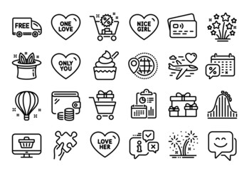Vector set of Only you, One love and Surprise boxes line icons set. Calendar report, Money wallet and Credit card tag. Air balloon, Free delivery and Fireworks icons. Vector