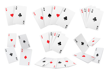 Playing card four aces diamonds and clubs, hearts and spades poker game cards realistic 3D design set. Vector red and black suits, leisure hobby entertainment gambling game fortune card to play - obrazy, fototapety, plakaty