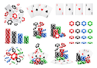 Playing cards fall and fly, betting chips piles and heaps, casino big set, realistic 3d icons. Vector gambling game coins in different angles. Stalks, poker aces clubs and diamonds, hearts and spades