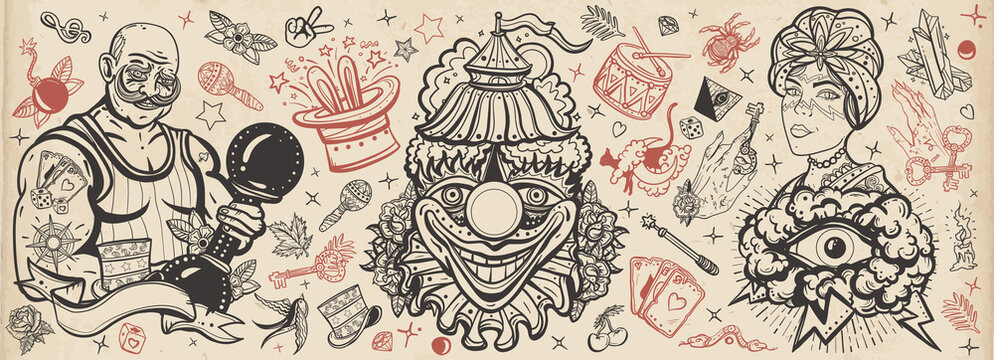 Circus. Traditional tattooing style set. Clown, strong man with dumbbells, fortune teller woman, magic trick, rabbit in a magician hat. Old school tattoo vector collection