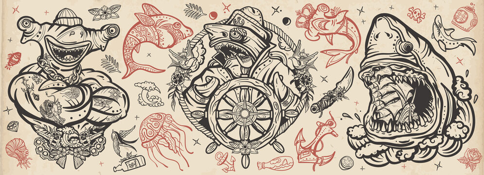 Sharks. Old school tattoo collection. Sea wolf, captain in the sea, sailor at helm. Strong hammerhead shark fish. Tattooing set. Great white shark and drowned ship. Jellyfish, anchor, underwater life © intueri