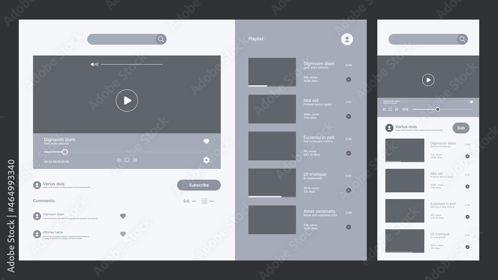Poster Video tube interface. Multimedia web design pages ui display layouts video record preview garish vector templates set for various divices