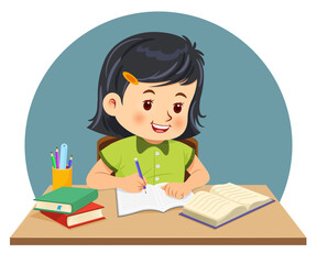 Fototapeta na wymiar Little girl doing homework by read and writing on his desk. Vector illustration