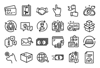 Vector set of Click hand, Teamwork and Marriage rings line icons set. Calendar report, Money wallet and Credit card tag. Handshake, Window cleaning and Veterinary clinic icons. Vector