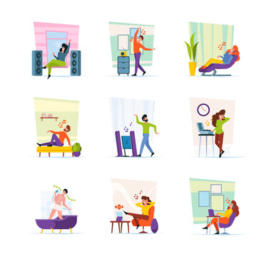 Relaxing characters. People sleeping on sofa sitting and listen music on couch in interior room garish vector flat pictures collection