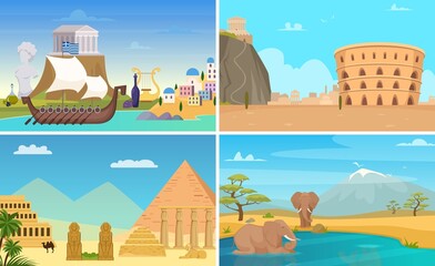 Travel places landscapes. Italy Greece Egypt and Safari in Africa. World tourism reopen vector banners