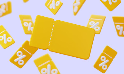 Background of yellow coupons with pinterest. A loyal program for customers, profitable purchases. Online store. 3d rendering - obrazy, fototapety, plakaty