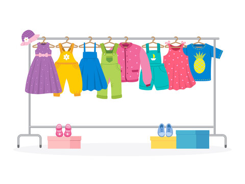 Clothes on hanger. Fabric showcase with rack clothes shopping sales recent vector cartoon colored background