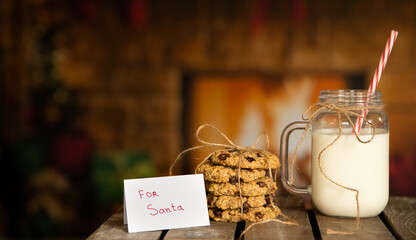 cookies and milk for santa claus, christmas concept, seasonal celebration, new year eve, xmas evening, festive family tradition.