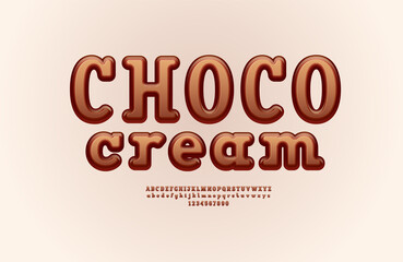 Chocolate 3d font, alphabet in the cartoon style, slab serif rounded uppercase and lowercase letters from A to Z and numbers from 0 to 9, vector illustration 10EPS