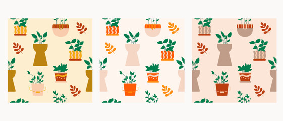 Fototapeta premium Illustration set of potted house plants seamless pattern