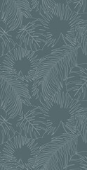 White lined art of tropical pattern leaves on gray color background, flat line vector and illustration.