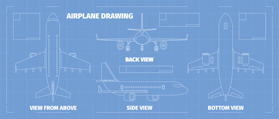 Airplane layout. Views of planes different sides schema for constructors and designers garish vector illustration template