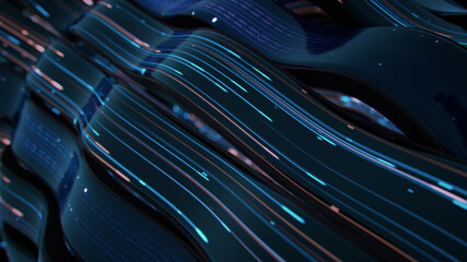 Glowing blue and orange light trails flow 3D render illustration