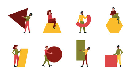 People holding shapes. Abstract characters standing walking and holding geometrical forms square triangle circle garish vector flat illustration