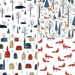 Seamless pattern with hand drawn textured houses, forest, forest animals. Cute old town, animals, plants, perfect for winter wrapping paper or fabric. - 464994950