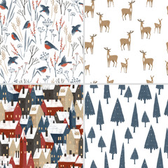 Seamless pattern with hand drawn textured houses, forest, forest animals. Cute old town, animals, plants, perfect for winter wrapping paper or fabric. - 464994999
