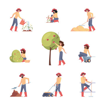 Farmers carrying. Agricultural workers outdoor activities farmers watering plants garish vector flat illustrations in flat style