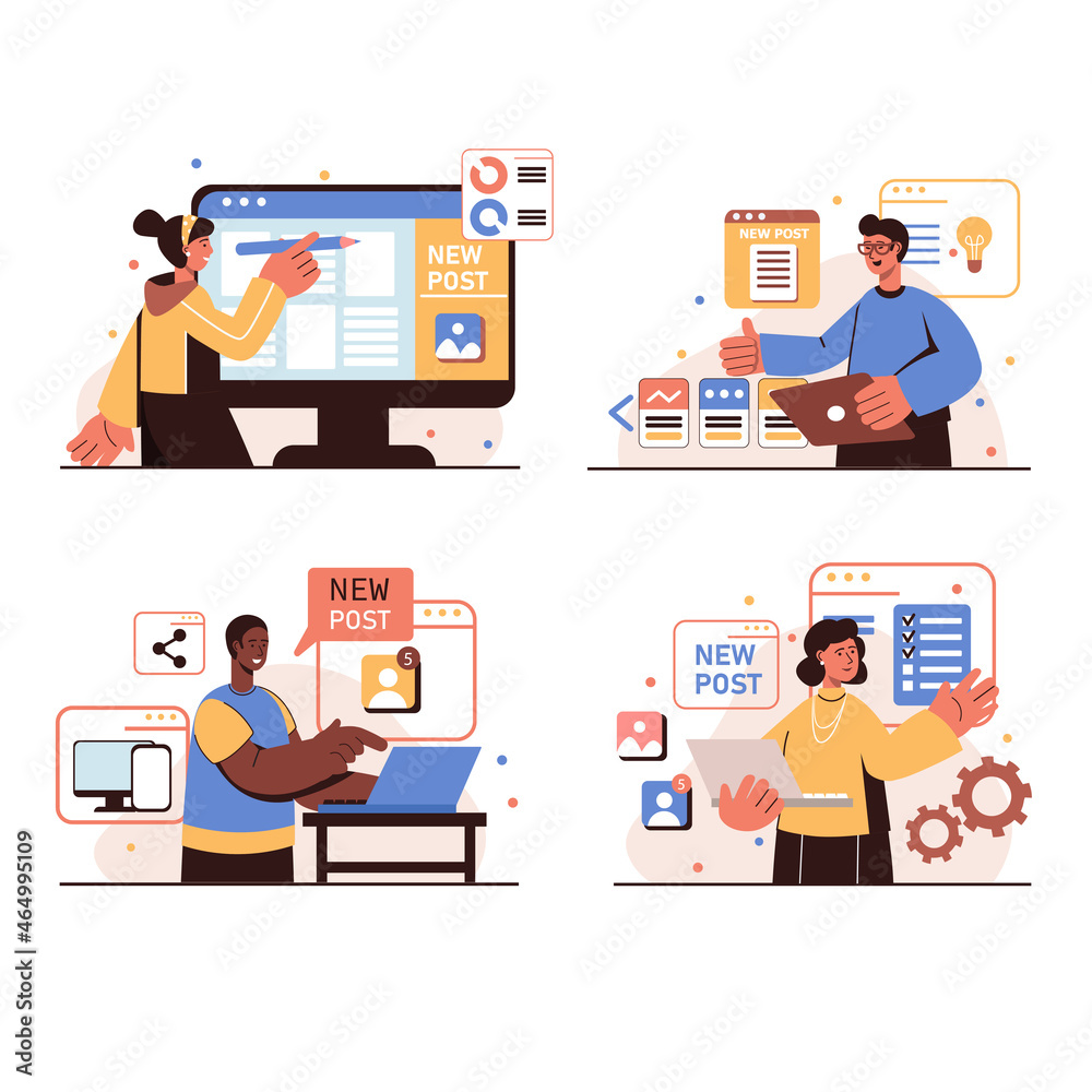 Fototapete content manager people concept isolated scenes set. men and women create texts and graphics for web 