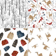 Seamless pattern with hand drawn textured houses, forest, forest animals. Cute old town, animals, plants, perfect for winter wrapping paper or fabric. - 464995120