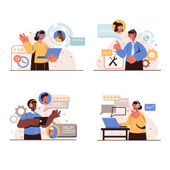 Customer service people concept isolated scenes set. Men and women in headphones advise clients in chats, answer calls, help around clock, working at call center. Vector illustration in flat design