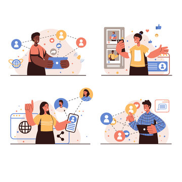 Social network people concept isolated scenes set. Men and women communicate online, chatting in messenger, post photos, view friends feed, connectivity profiles. Vector illustration in flat design