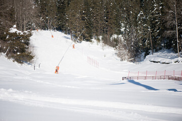 Ski area covered with fresh snow in winter.