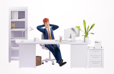 3D rendering illustration. Successful happy businessman working in office by his desk. Office working environment. Busy businessman working with computer, thinking, dreaming