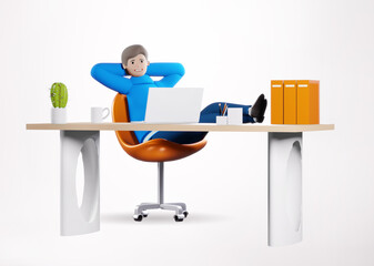 Fototapeta premium 3D rendering illustration. Successful happy businessman working in office by his desk. Office working environment. Busy businessman working with computer, thinking, dreaming