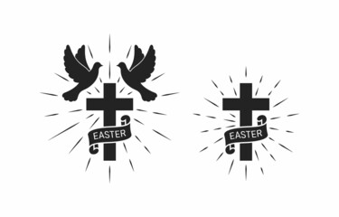 Set of black and white illustrations of cross, doves, ribbon with text and rays on a white background. Design element for poster, emblem, sticker, label, badge. Vector illustration. Religious symbol.