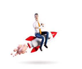 Successful businessman flying on a rocket, 3D rendering illustration. Start up, success, new business, winner concept