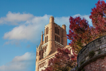The vibrant autumnal colors of the leaves of the trees in front of the Sainte Cécile cathedral in Albi, in the Tarn region, in Occitanie, France © FredP