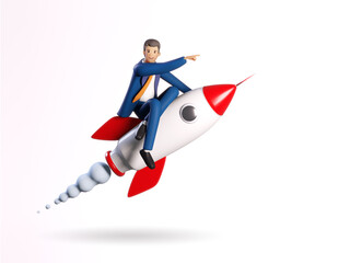 Successful businessman flying on a rocket, 3D rendering illustration. Start up, success, new business, winner concept