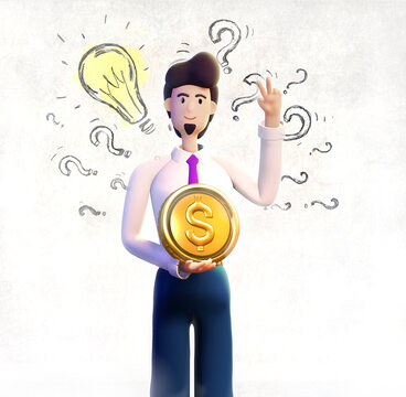 Businessman holds golden dollar coin, stands next to background with sketch of light build as symbol as having a great idea, solving the problem, help and support in business.3D rendering illustration