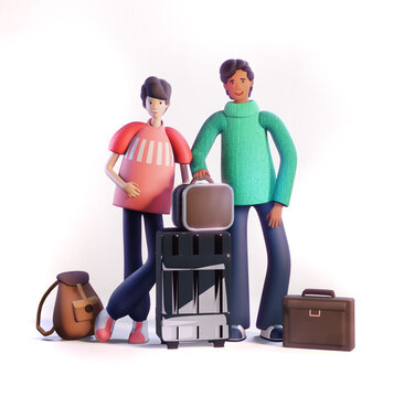 3D rendering illustration Two young woman, friend going to travel. Group of people with luggage, travel suit and hand bags waiting for departure. Travel and holiday concept 
