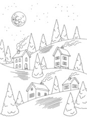 Winter village exterior graphic black white fir tree vertical landscape sketch illustration vector 