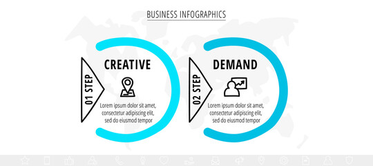 Modern vector line infographics with 2 circles and triangles. Hand drawn flat chart process template with two steps with arrows. Timeline for business project, presentation, banner, diagram, content