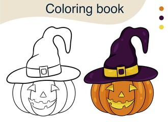 Pumpkin for Halloween. Hand-drawn vector illustration of contour for coloring book. Cartoon style