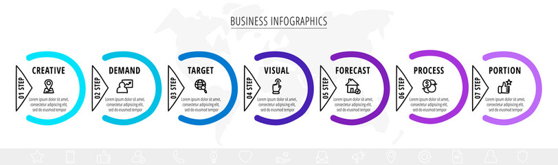 Fototapeta premium Modern vector line infographics with seven circles and triangles. Hand drawn flat chart process template with 7 steps with arrows. Timeline for business project, presentation, banner, diagram, content