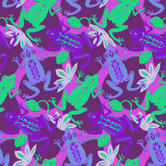 Fototapeta premium Violet green frogs on a pond with lilies and leaves. Seamless pattern. Paper cut flat style. Fabric decoration. Print for clothes. Textile design. Hand-drawn cute character. Vector