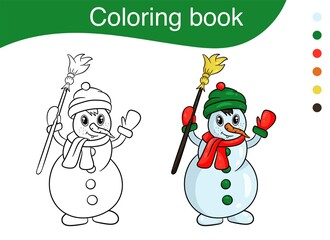 Funny snowman for a coloring book, or a page. Vector illustration cartoon style