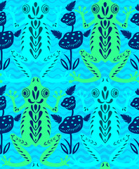 Blue green frogs on a pond with lilies and leaves. Seamless pattern. Paper cut flat style. Fabric decoration. Print for clothes. Textile design. Hand-drawn cute character. Vector