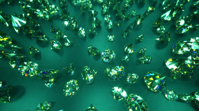 Scattered emerald green brilliants. Endless dolly shot. 3D render seamless loop animation