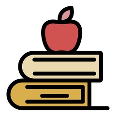 Apple on books icon. Outline apple on books vector icon color flat isolated