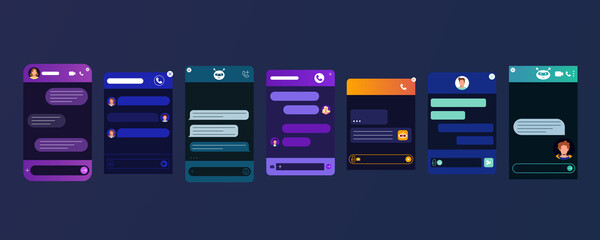Chat bot window. User interface of application with online dialogue. Flat design for website or mobile app. Dark night mode. Chatbot or robot assistant for online customer service support.